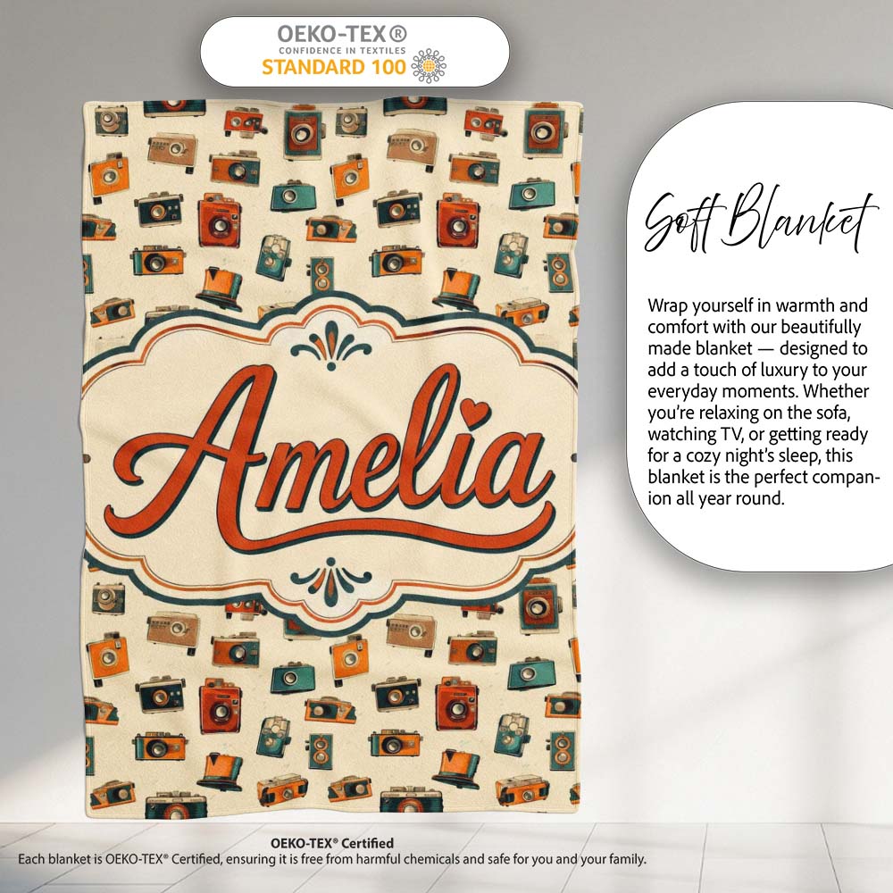 Vintage Retro Camera Collection Seamless Pattern with Film Cameras Personalised Custom Name Super Soft Fleece Blanket Bed Sofa Throw