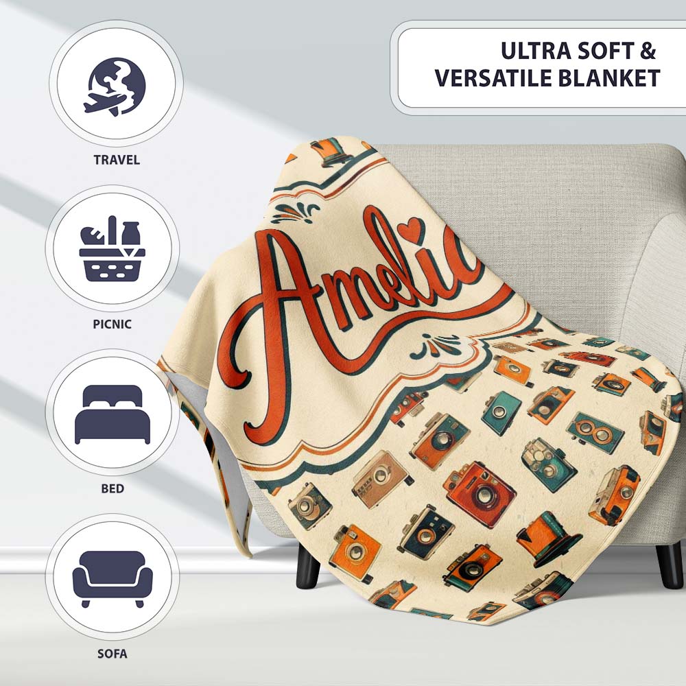 Vintage Retro Camera Collection Seamless Pattern with Film Cameras Personalised Custom Name Super Soft Fleece Blanket Bed Sofa Throw