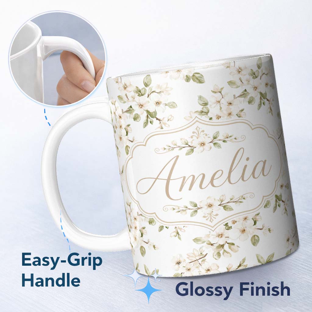 Personalized Custom Name Soft White Blossom Floral Branch Seamless Pattern Cute Unique Gift 11oz Ceramic Coffee Tea Mug White Large Handle