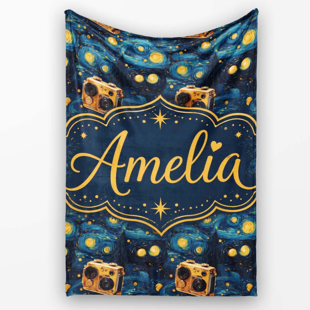Vintage Camera Starry Night Artistic Seamless Pattern Lovely Personalised Custom Name Super Soft Fleece Blanket Bed Sofa Throw