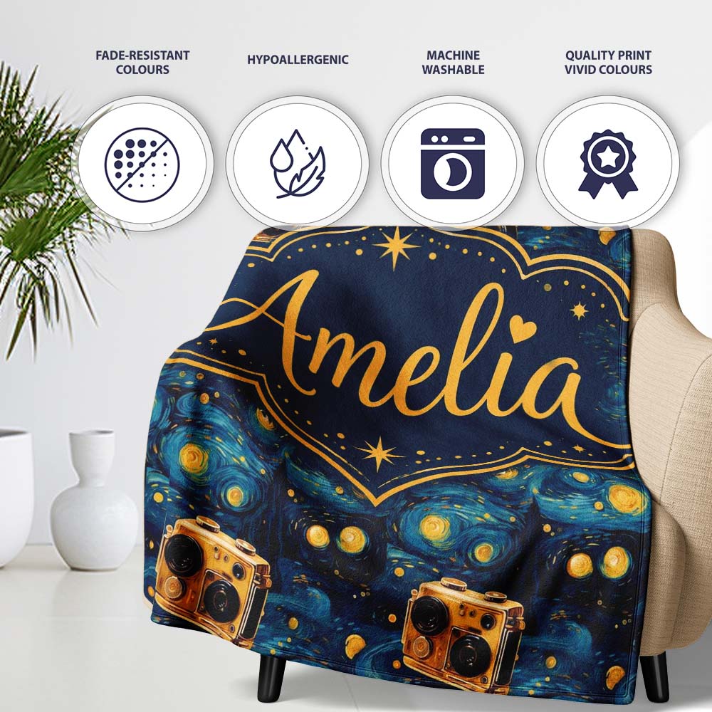 Vintage Camera Starry Night Artistic Seamless Pattern Lovely Personalised Custom Name Super Soft Fleece Blanket Bed Sofa Throw