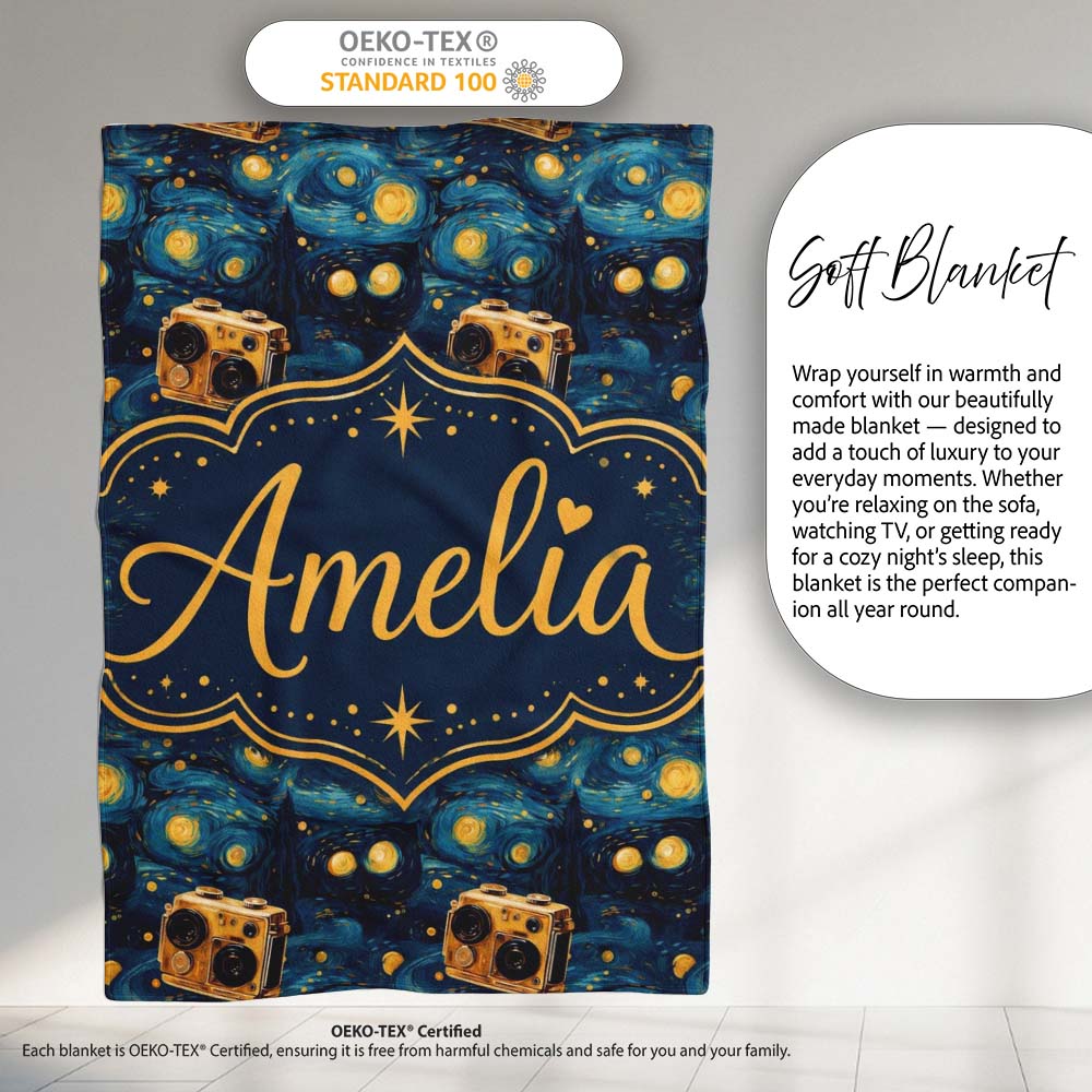 Vintage Camera Starry Night Artistic Seamless Pattern Lovely Personalised Custom Name Super Soft Fleece Blanket Bed Sofa Throw