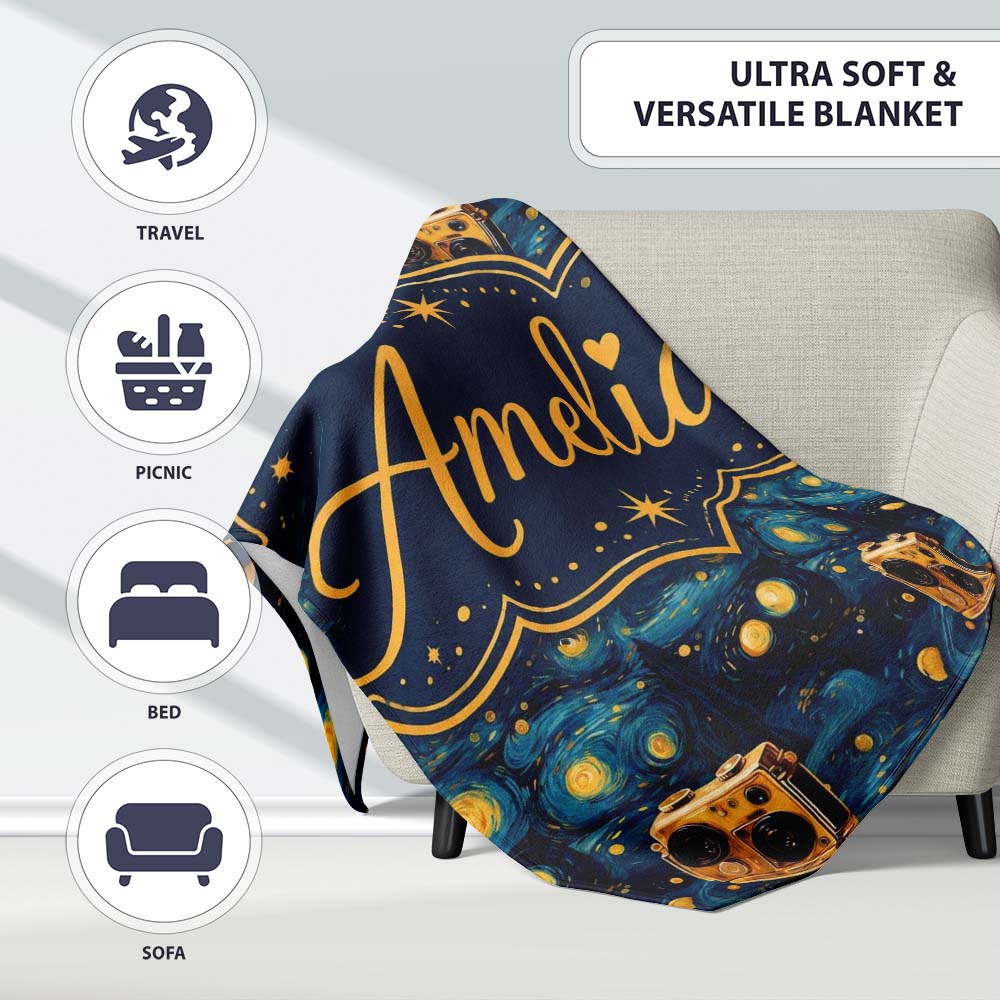 Vintage Camera Starry Night Artistic Seamless Pattern Lovely Personalised Custom Name Super Soft Fleece Blanket Bed Sofa Throw