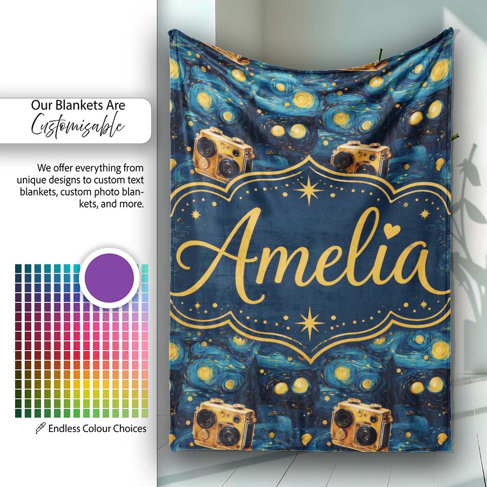 Vintage Camera Starry Night Artistic Seamless Pattern Lovely Personalised Custom Name Super Soft Fleece Blanket Bed Sofa Throw