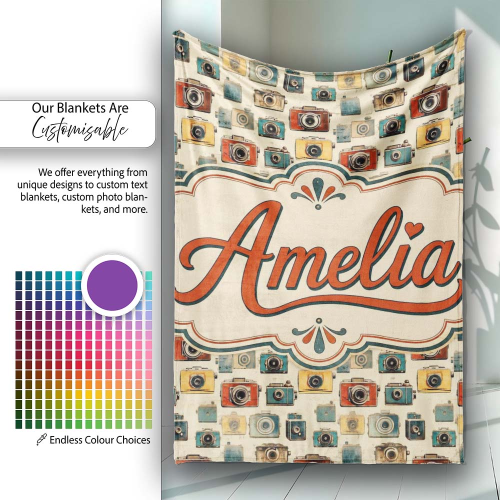 Mustard Yellow and Black Vintage Camera Illustration Seamless Lovely Personalised Custom Name Super Soft Fleece Blanket Bed Sofa Throw