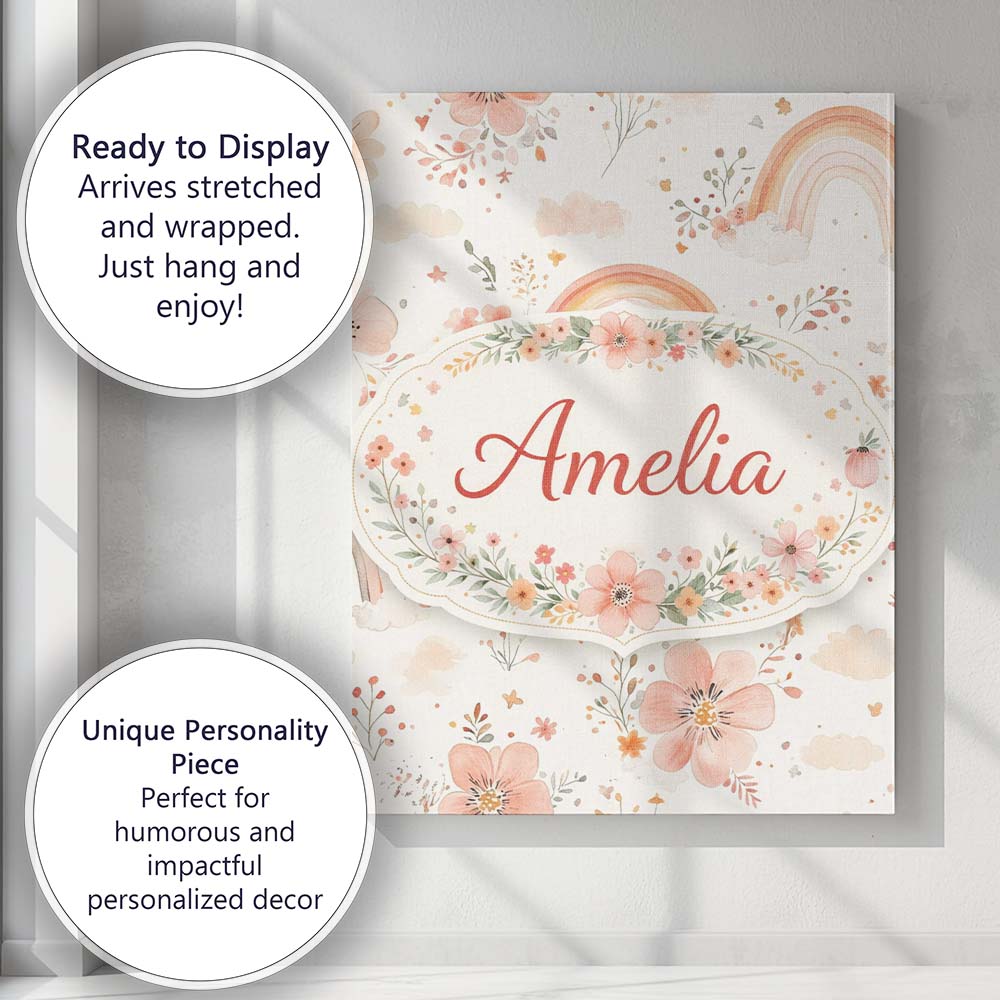 Personalised Name Pastel Rainbow Floral Dreamy Nursery Pattern Custom Modern Room Accent Canvas Wall Art Print Decor Picture Ready to Hang