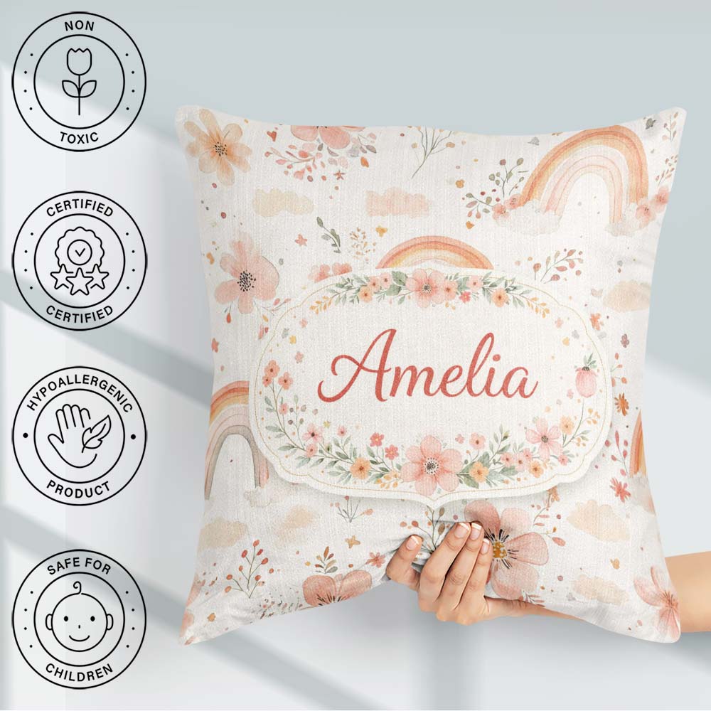 Custom Name Pastel Rainbow Nursery Pattern Seamless Watercolour Square Filled Cushion Throw Pillow Sofa Bed Home Decor Zip Washable UK Made