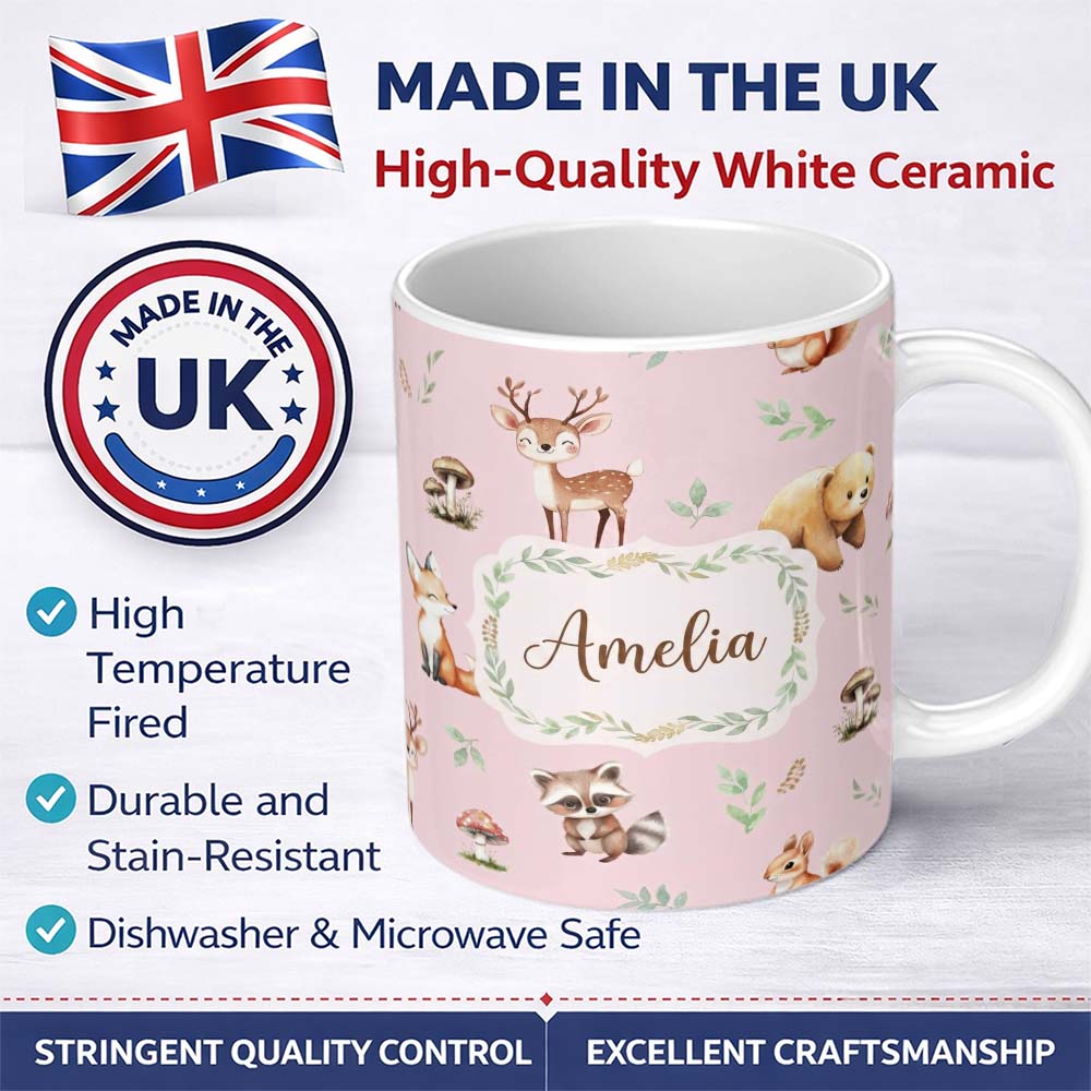 Personalized Custom Name Forest Animals Bear Deer Fox Owl Raccoon on Blush Pink Seamless 11oz Ceramic Coffee Tea Mug White Large Handle