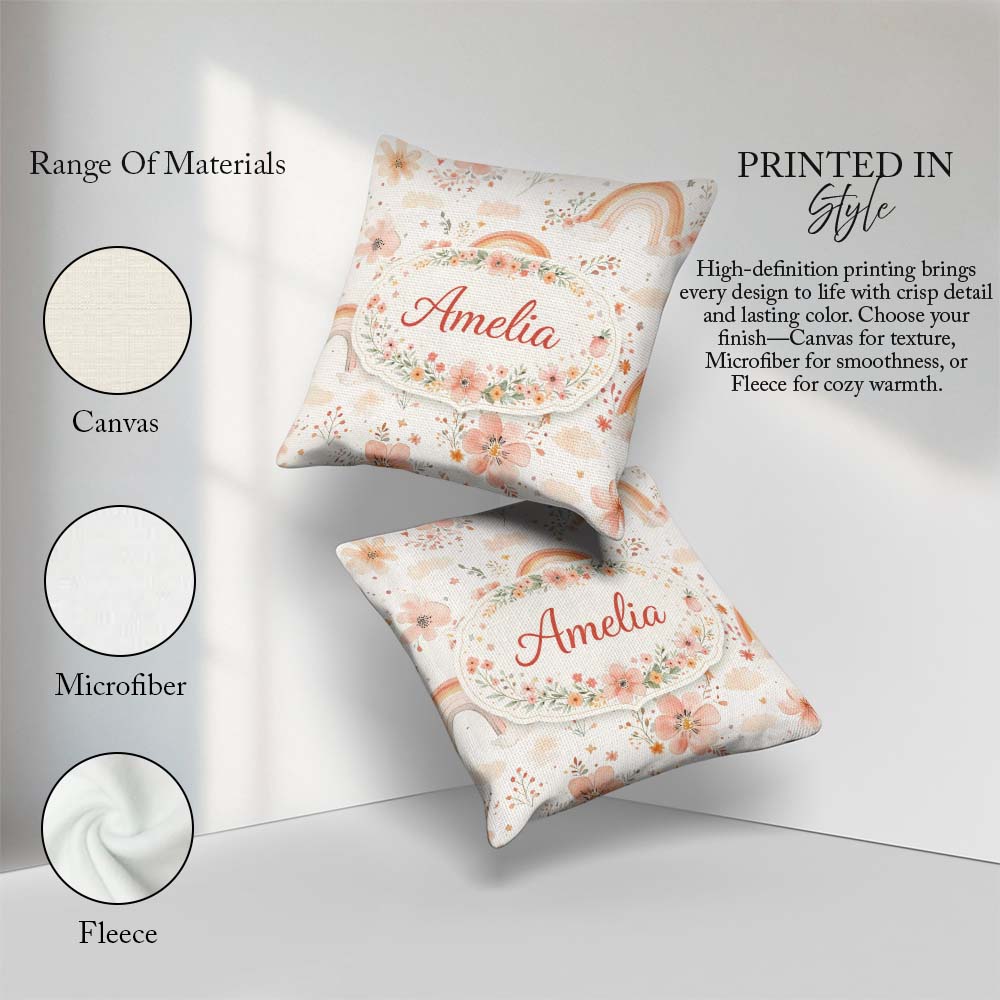 Custom Name Pastel Rainbow Nursery Pattern Seamless Watercolour Square Filled Cushion Throw Pillow Sofa Bed Home Decor Zip Washable UK Made