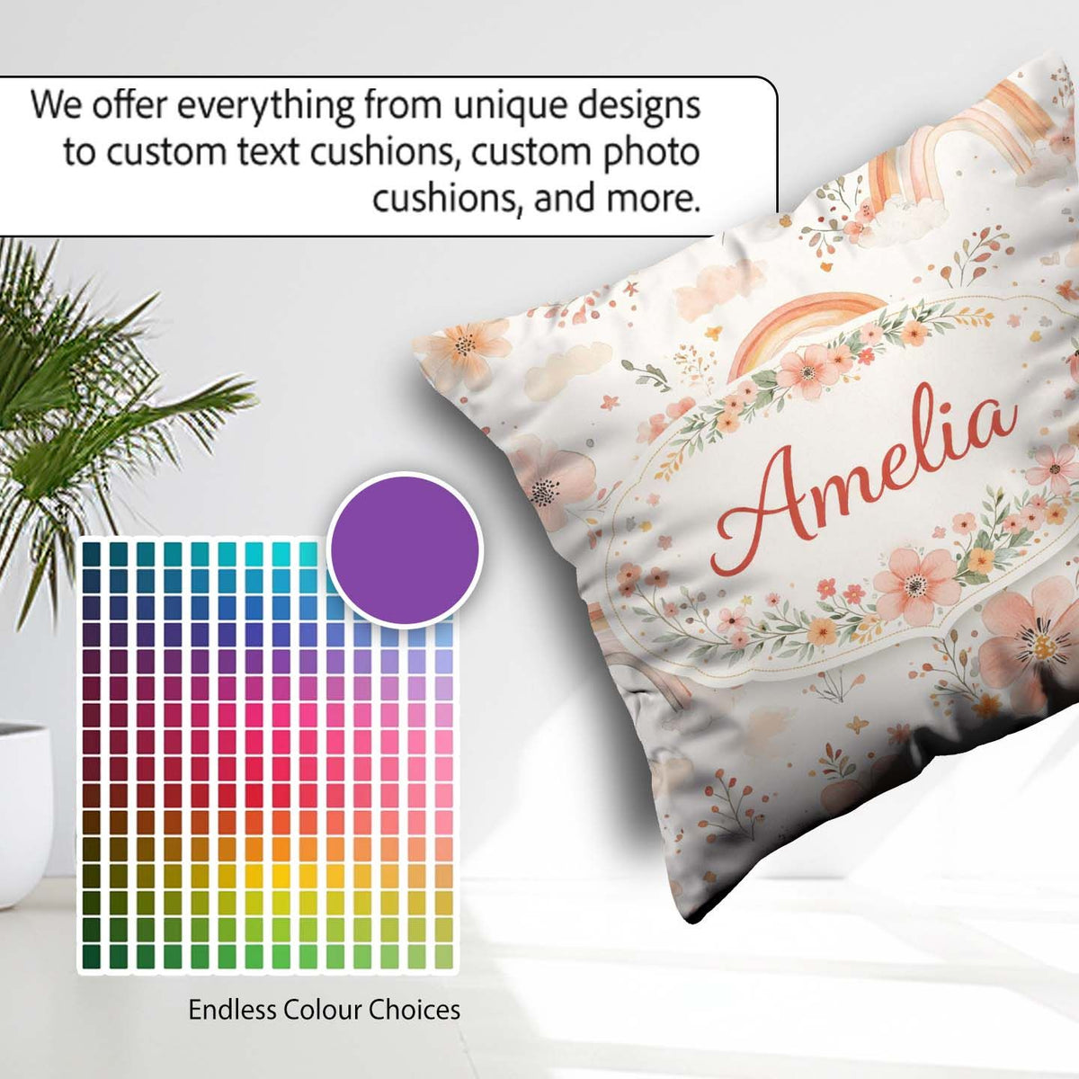 Custom Name Pastel Rainbow Nursery Pattern Seamless Watercolour Square Filled Cushion Throw Pillow Sofa Bed Home Decor Zip Washable UK Made