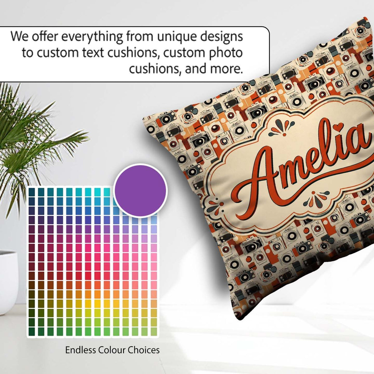 Custom Name Century Modern Abstract Camera Seamless Orange Cream Square Filled Cushion Throw Pillow Sofa Bed Home Decor Zip Washable UK Made