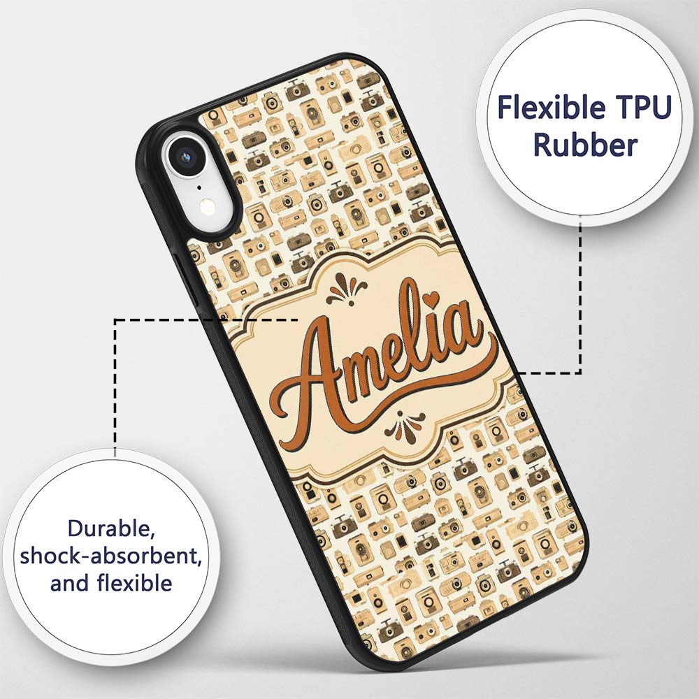 Neutral Beige Retro Camera Decorative Design Custom Name Protective Phone Case Mobile Cover Durable Everyday Smartphone Shock Resistant