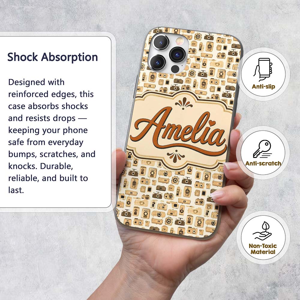 Neutral Beige Retro Camera Decorative Design Custom Name Protective Phone Case Mobile Cover Durable Everyday Smartphone Shock Resistant