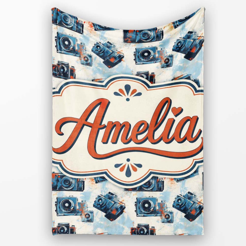 Vintage Camera Pattern with Paint Splash Effect Light Background Personalised Custom Name Super Soft Fleece Blanket Bed Sofa Throw