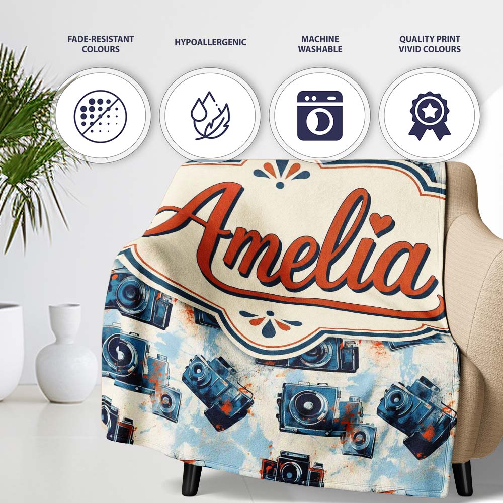 Vintage Camera Pattern with Paint Splash Effect Light Background Personalised Custom Name Super Soft Fleece Blanket Bed Sofa Throw