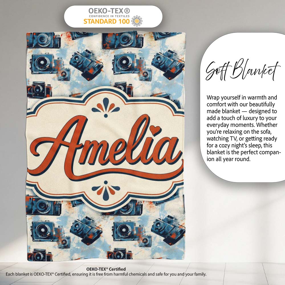 Vintage Camera Pattern with Paint Splash Effect Light Background Personalised Custom Name Super Soft Fleece Blanket Bed Sofa Throw