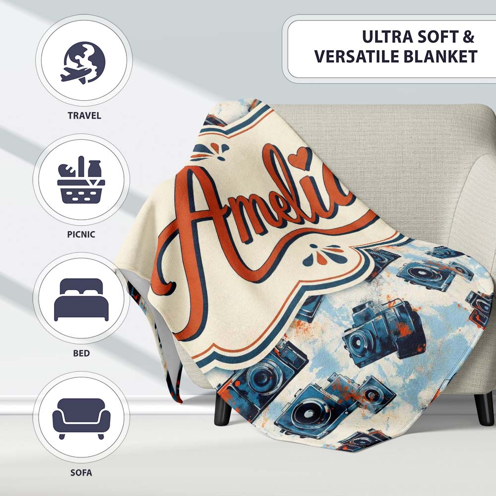 Vintage Camera Pattern with Paint Splash Effect Light Background Personalised Custom Name Super Soft Fleece Blanket Bed Sofa Throw