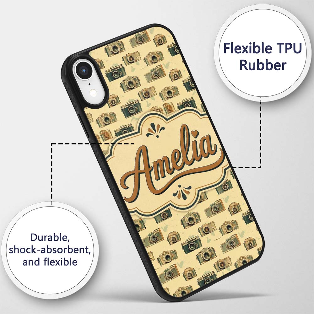 Retro Camera and Film Device Seamless Pattern Custom Name Protective Phone Case Mobile Cover Durable Everyday Smartphone Shock Resistant