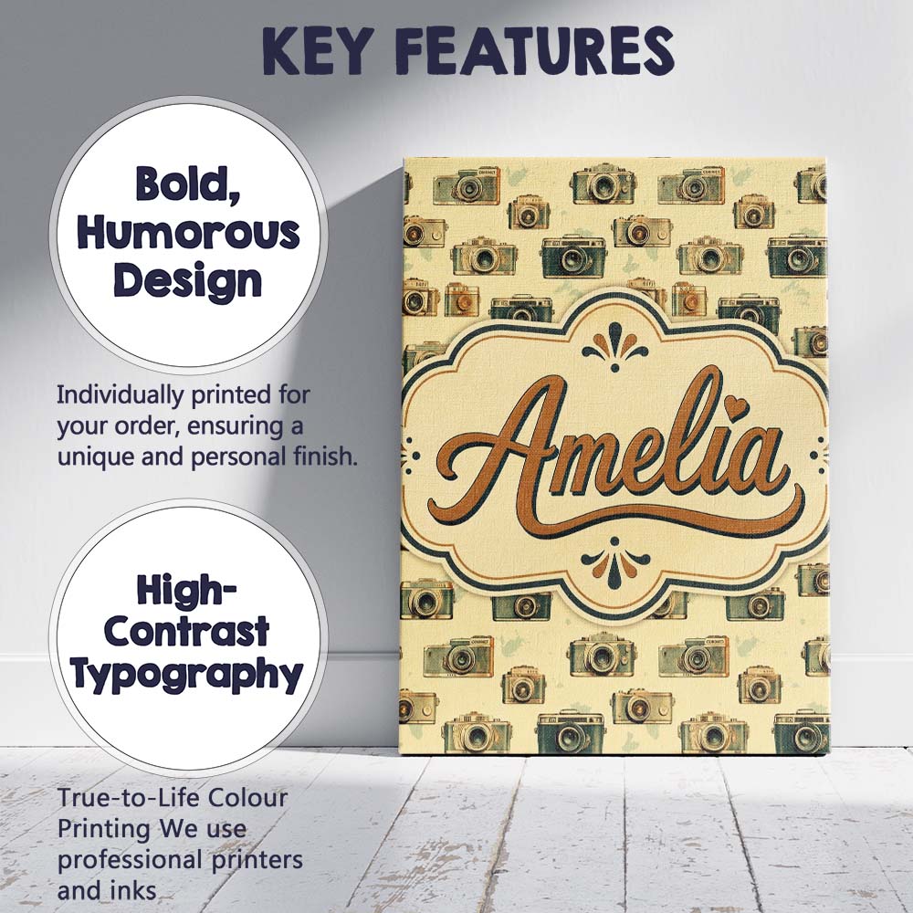 Personalised Name Retro Camera and Film Custom Modern Room Accent Elegant Feature Canvas Wall Art Print Decor Picture Ready to Hang