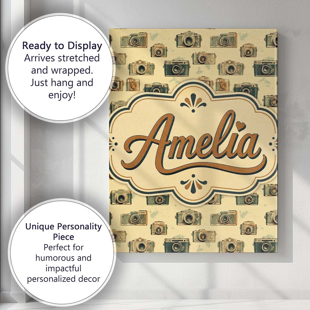 Personalised Name Retro Camera and Film Custom Modern Room Accent Elegant Feature Canvas Wall Art Print Decor Picture Ready to Hang
