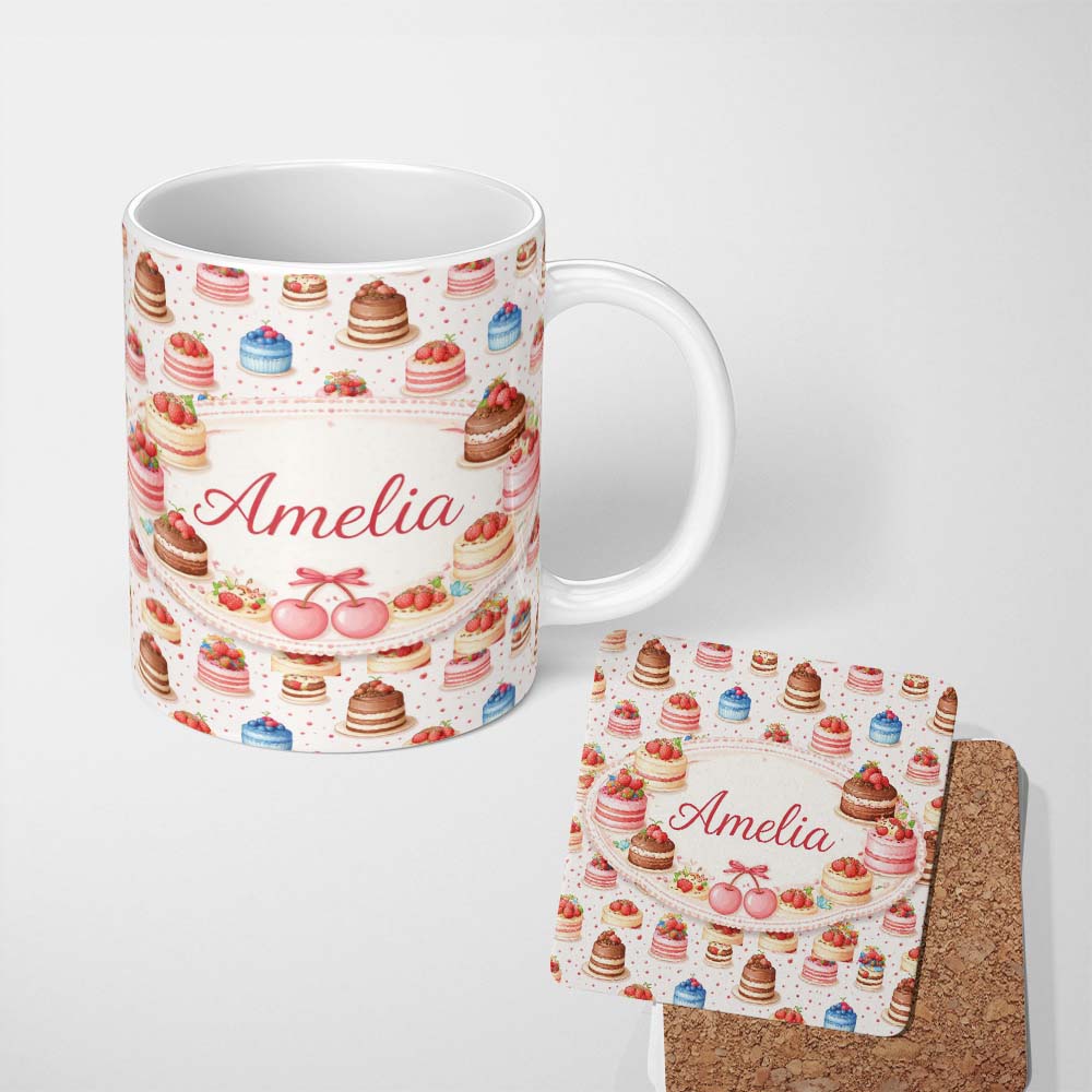 Personalized Custom Name Orange Floral Cake Seamless Pattern Botanical Dessert Food Design 11oz Ceramic Coffee Tea Mug White Large Handle