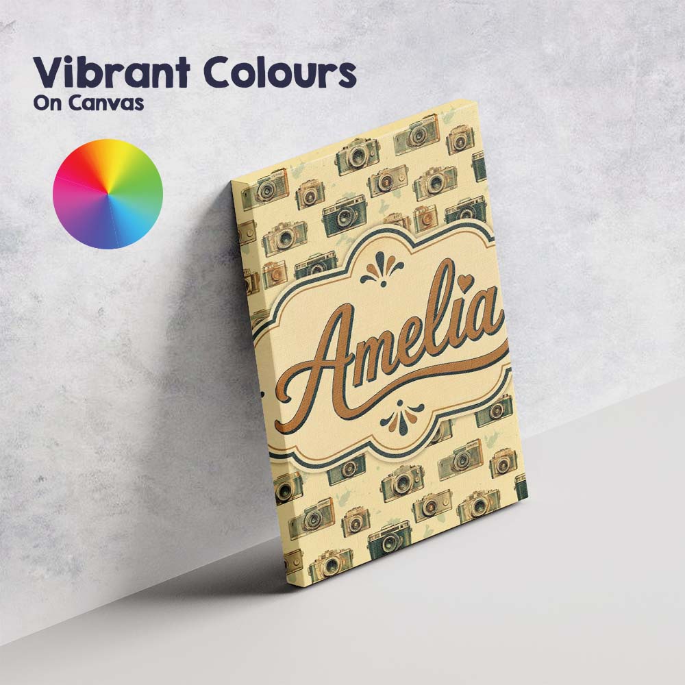 Personalised Name Retro Camera and Film Custom Modern Room Accent Elegant Feature Canvas Wall Art Print Decor Picture Ready to Hang