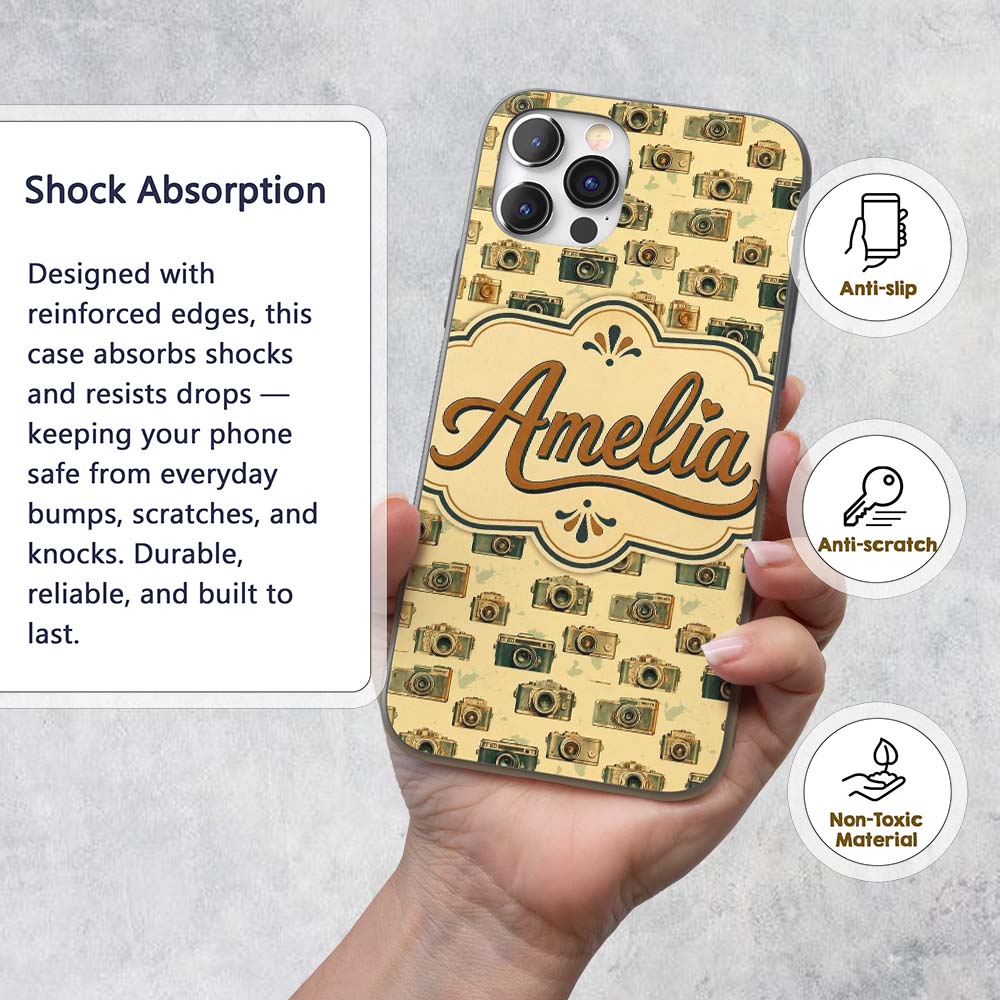 Retro Camera and Film Device Seamless Pattern Custom Name Protective Phone Case Mobile Cover Durable Everyday Smartphone Shock Resistant