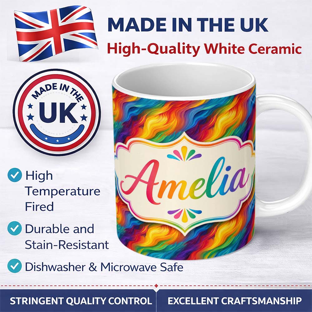 Personalized Custom Name Vibrant Rainbow Flowing Paint Waves Seamless Pattern Lovely 11oz Ceramic Coffee Tea Mug White Large Handle