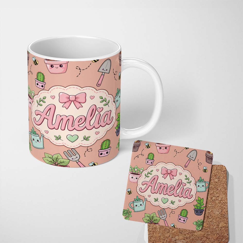Personalized Custom Name Cute Kawaii Garden Tools Plants Bees Seamless Pattern Peach Lovely 11oz Ceramic Coffee Tea Mug White Large Handle