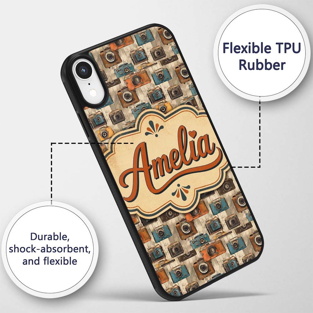 Vintage Camera Scatter Pattern with Soft Floral Custom Name Protective Phone Case Mobile Cover Durable Everyday Smartphone Shock Resistant