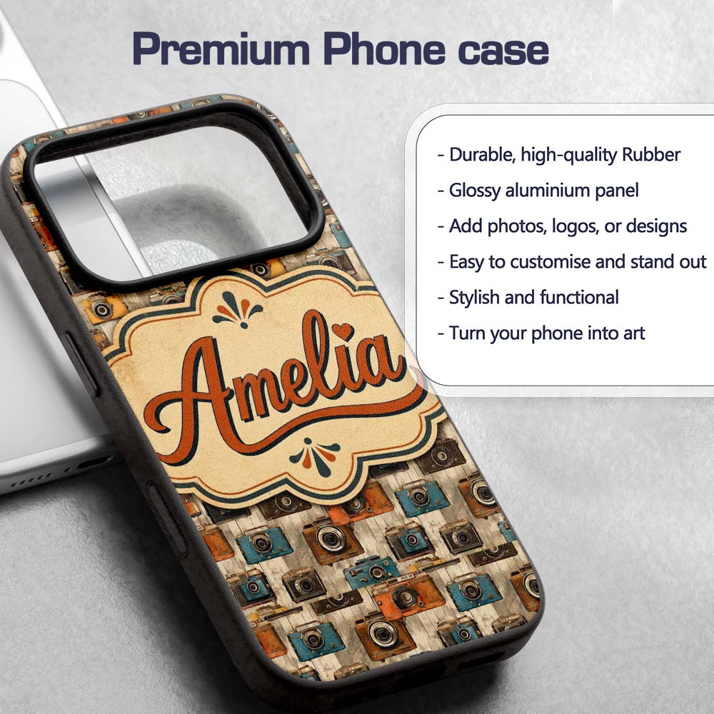 Vintage Camera Scatter Pattern with Soft Floral Custom Name Protective Phone Case Mobile Cover Durable Everyday Smartphone Shock Resistant