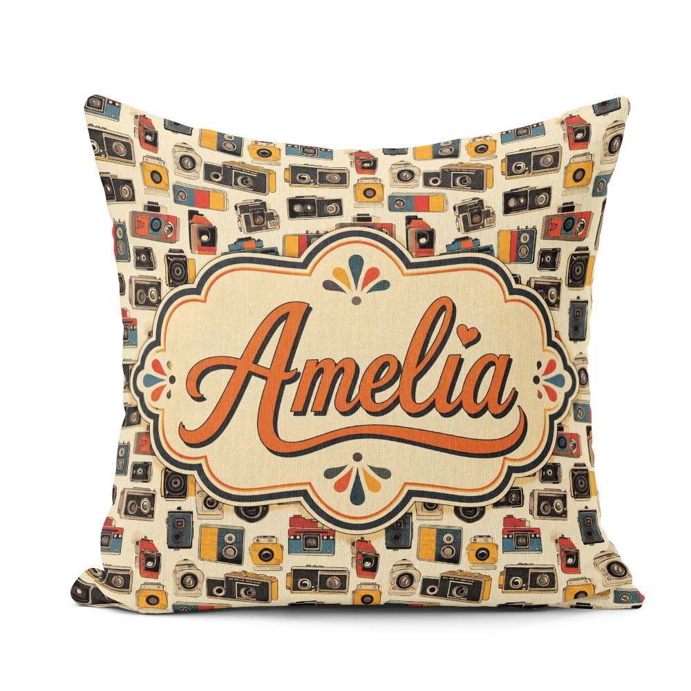Custom Name Minimal Retro Camera Tossed Seamless Pattern Neutral Square Filled Cushion Throw Pillow Sofa Bed Home Decor Zip Washable UK Made