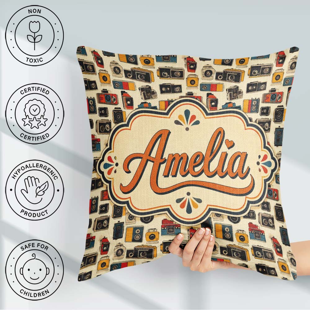 Custom Name Minimal Retro Camera Tossed Seamless Pattern Neutral Square Filled Cushion Throw Pillow Sofa Bed Home Decor Zip Washable UK Made