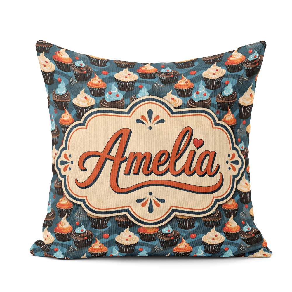 Custom Name Cupcake Dessert Seamless Pattern Dark Background Square Filled Cushion Throw Pillow Sofa Bed Home Decor Zip Washable UK Made