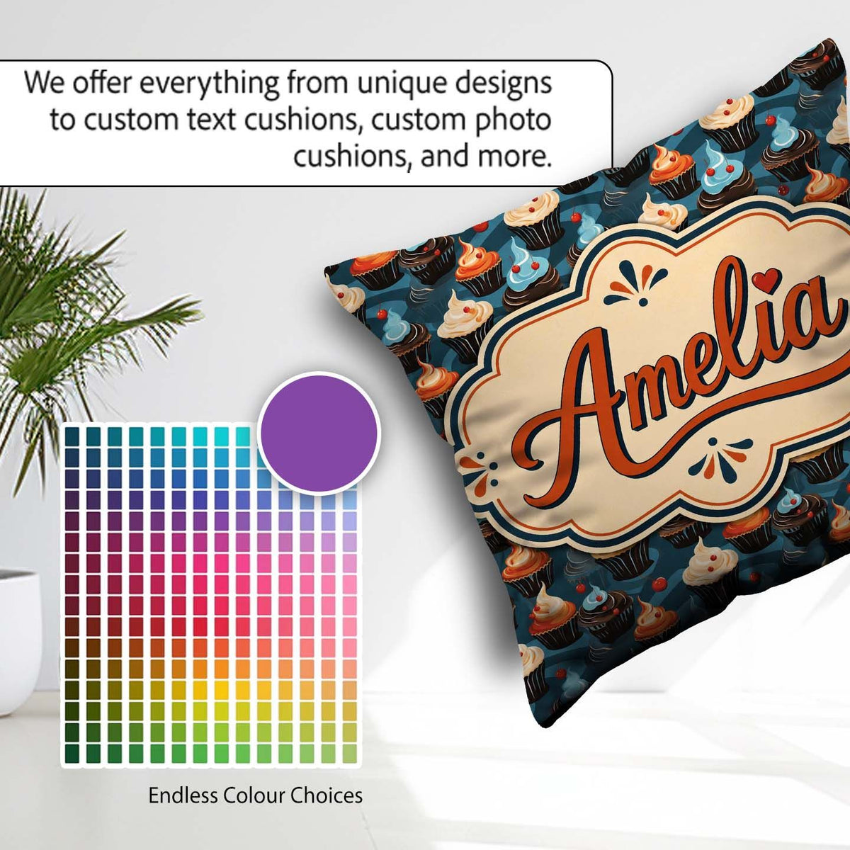 Custom Name Cupcake Dessert Seamless Pattern Dark Background Square Filled Cushion Throw Pillow Sofa Bed Home Decor Zip Washable UK Made