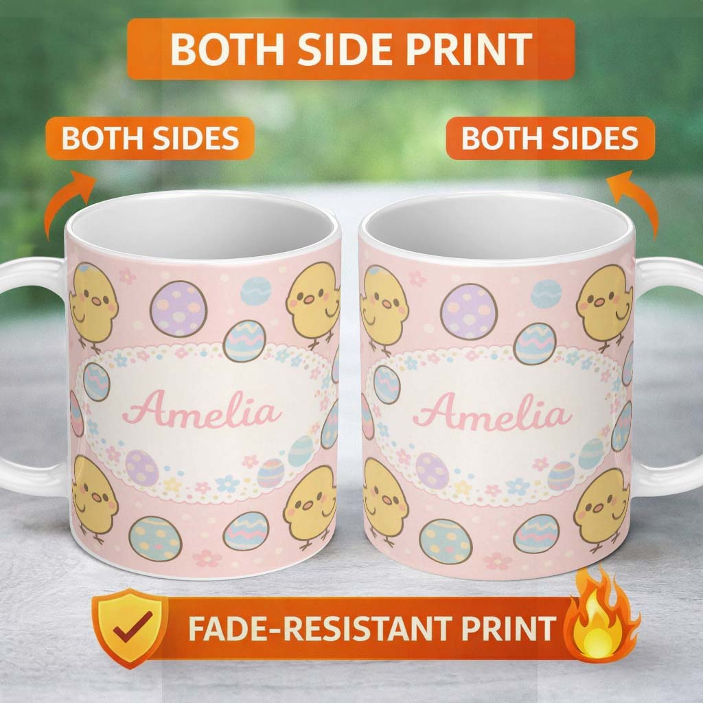 Personalized Custom Name Cute Easter Chick Eggs Cartoon Animal Pattern Stylish Everyday Mug 11oz Ceramic Coffee Tea Mug White Large Handle