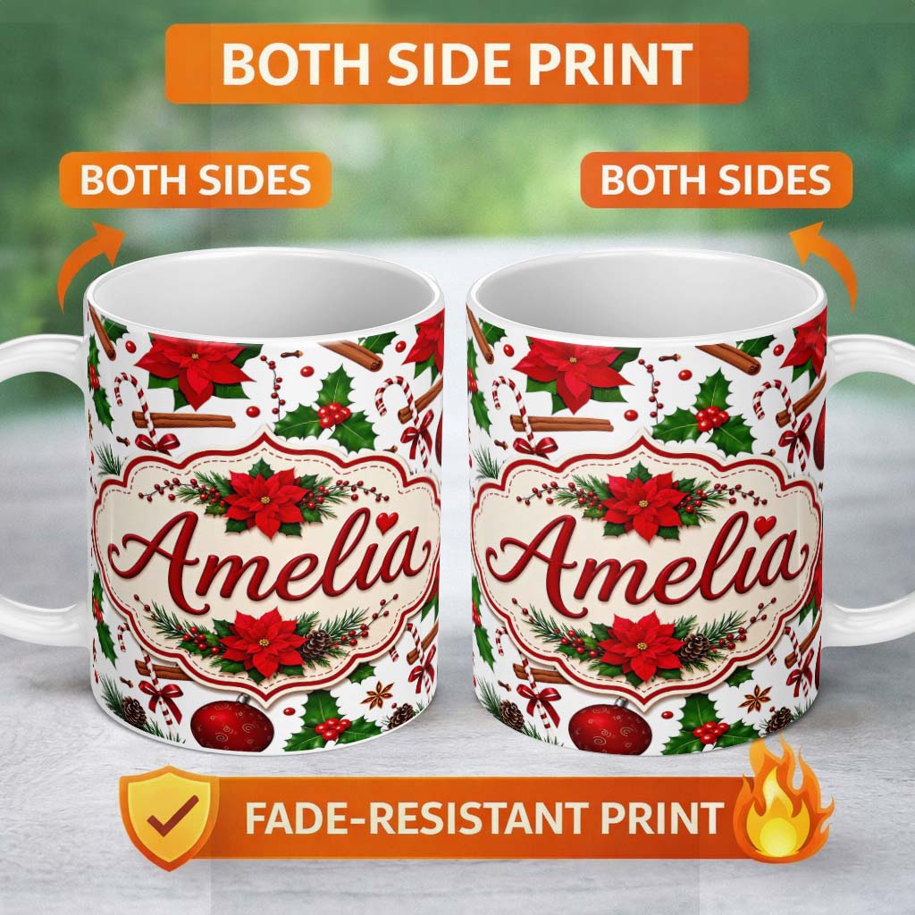 Personalized Custom Name Festive Poinsettia Holly Candy Cane Cinnamon Seamless Pattern Lovely 11oz Ceramic Coffee Tea Mug White Large Handle