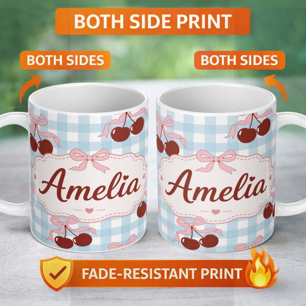 Personalized Custom Name Cherry Bow Ribbon Cute Blue Gingham Picnic Check Seamless Pattern 11oz Ceramic Coffee Tea Mug White Large Handle