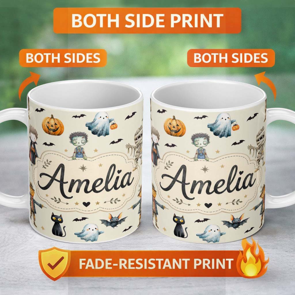 Personalized Custom Name Halloween Zombie Mummy Vampire Bat Spooky Cream Seamless Pattern 11oz Ceramic Coffee Tea Mug White Large Handle