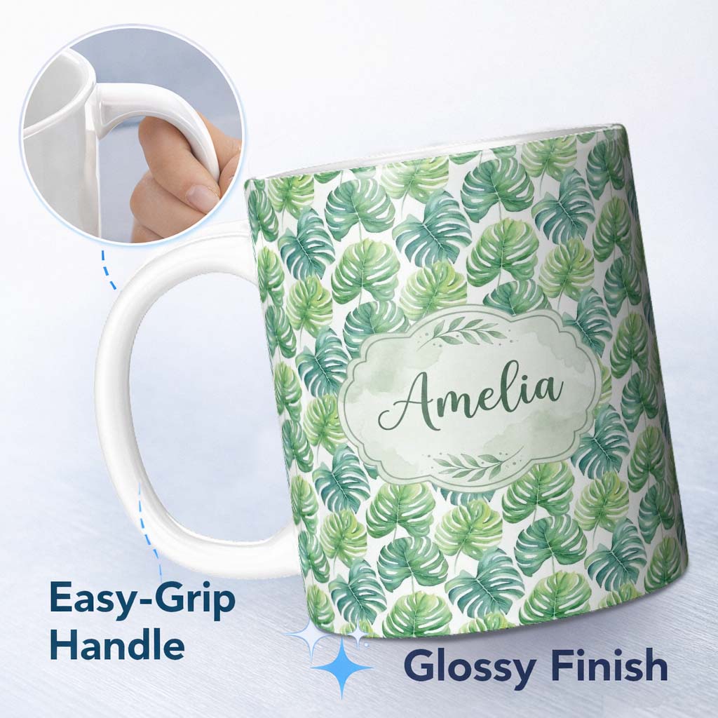 Personalized Custom Name Fresh Watercolor Monstera Leaves in Soft Green Shades Seamless 11oz Ceramic Coffee Tea Mug White Large Handle