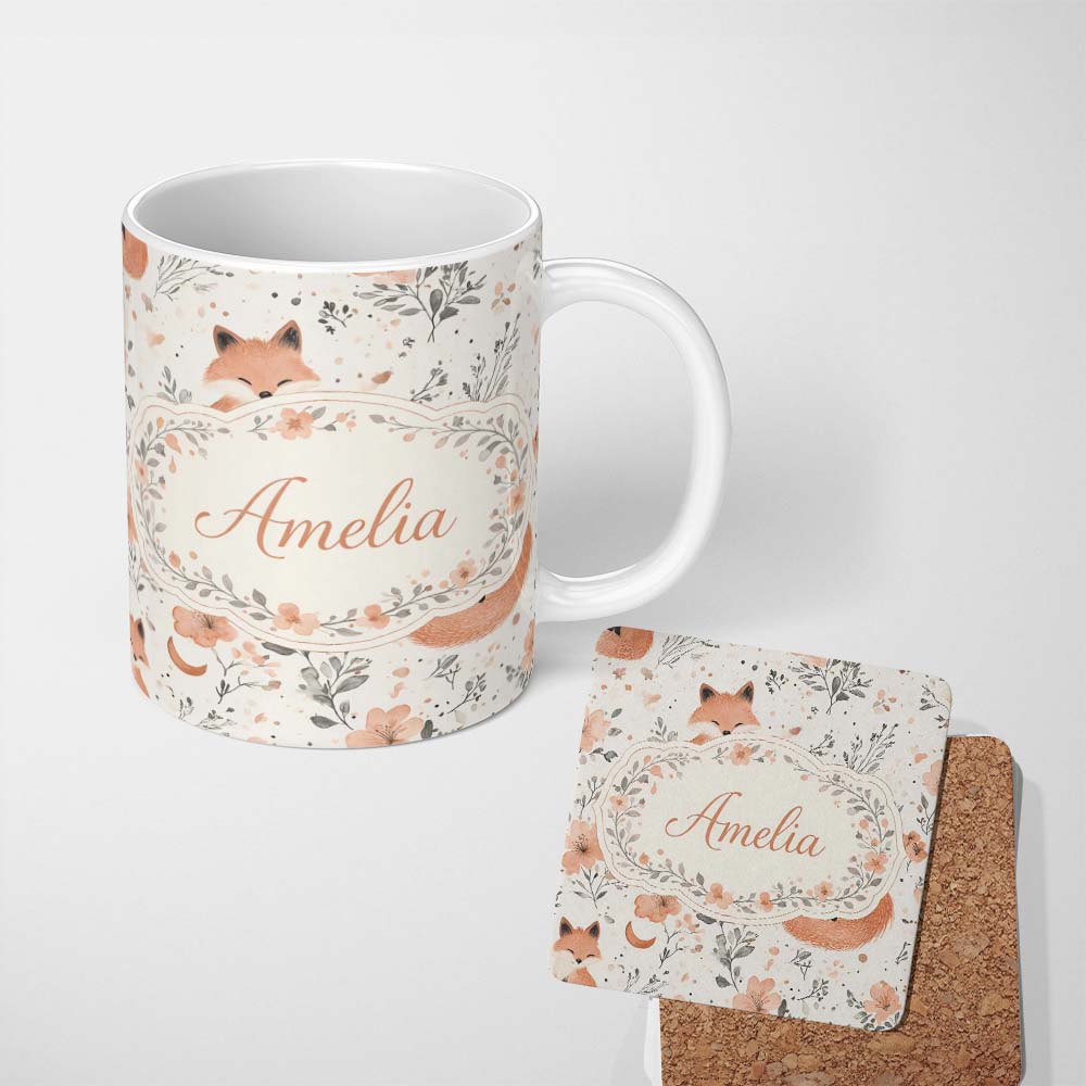 Personalized Custom Name Cute Fox Floral Seamless Pattern Thoughtful Gift Idea Lovely 11oz Ceramic Coffee Tea Mug White Large Handle