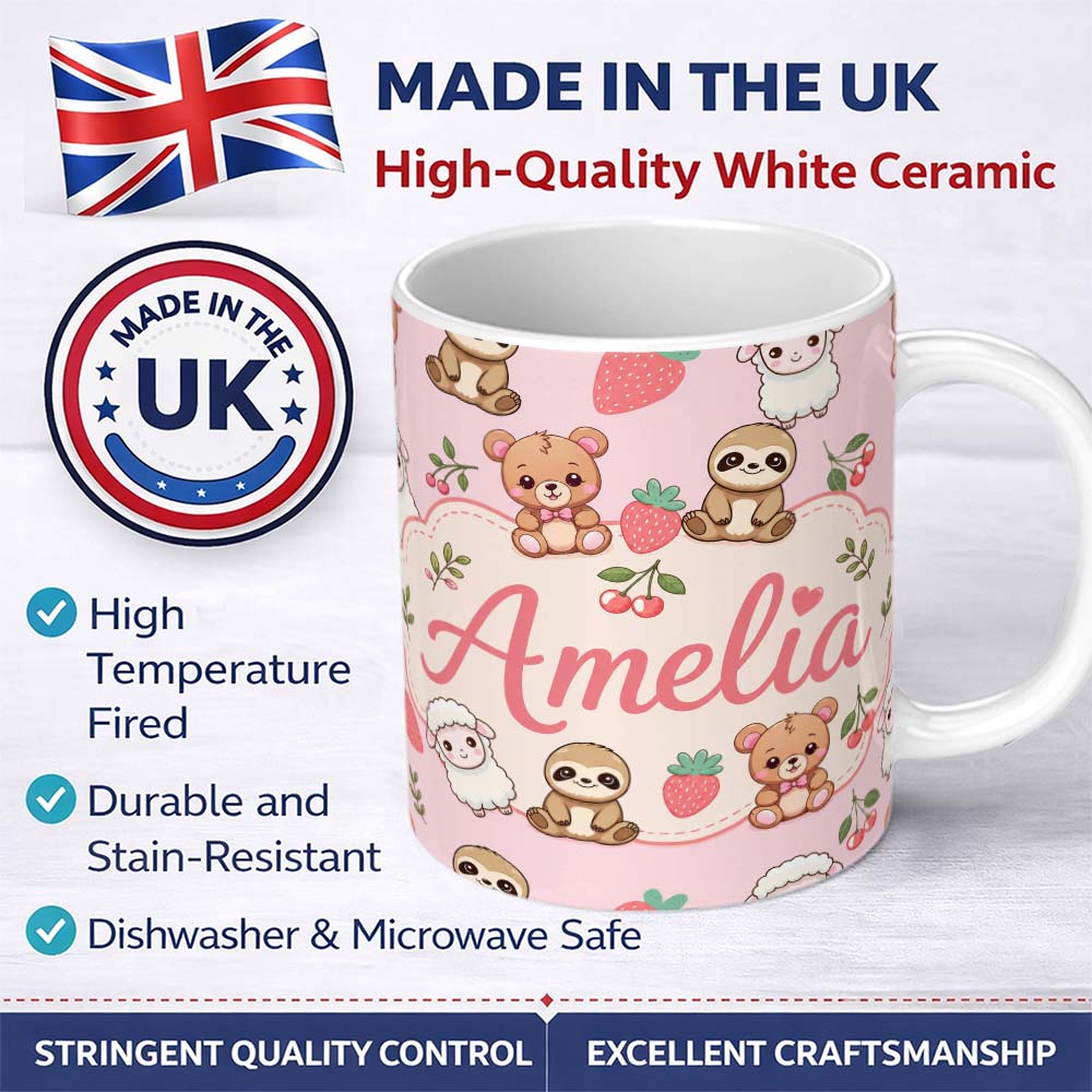 Personalized Custom Name Cute Cute Baby Animals Bear Sheep Sloth Strawberry Cherry Pink 11oz Ceramic Coffee Tea Mug White Large Handle