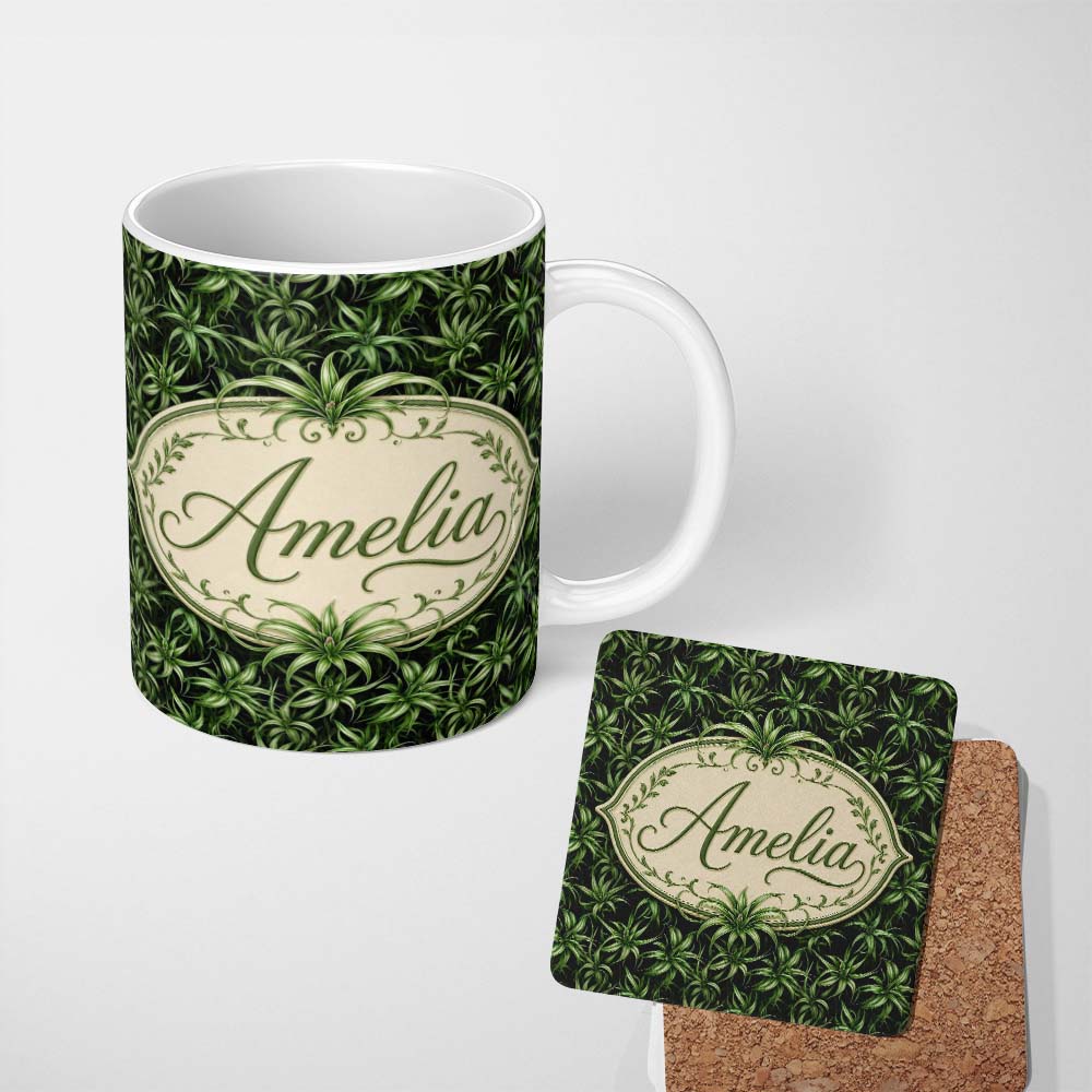 Personalized Custom Name Dark Green Spider Plant Leaves Dense Jungle Seamless Pattern Design 11oz Ceramic Coffee Tea Mug White Large Handle