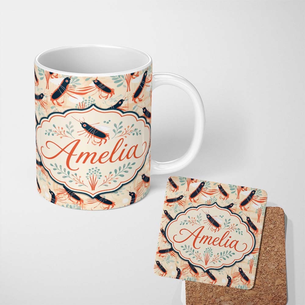 Personalized Custom Name Stylised Lobster Pattern with Aquatic Elements Seamless Pattern 11oz Ceramic Coffee Tea Mug White Large Handle