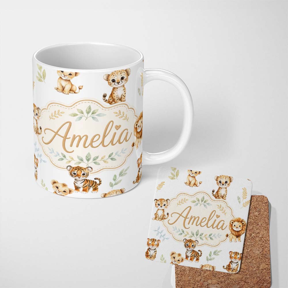 Personalized Custom Name Cute Baby Jungle Animals with Leaves on Grey Background Seamless 11oz Ceramic Coffee Tea Mug White Large Handle