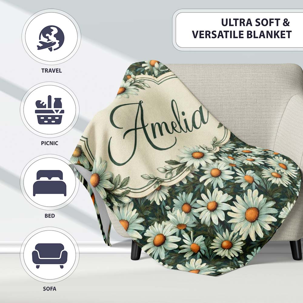 Vintage Daisy Floral Seamless Pattern with White Flowers and Green Personalised Custom Name Super Soft Fleece Blanket Bed Sofa Throw