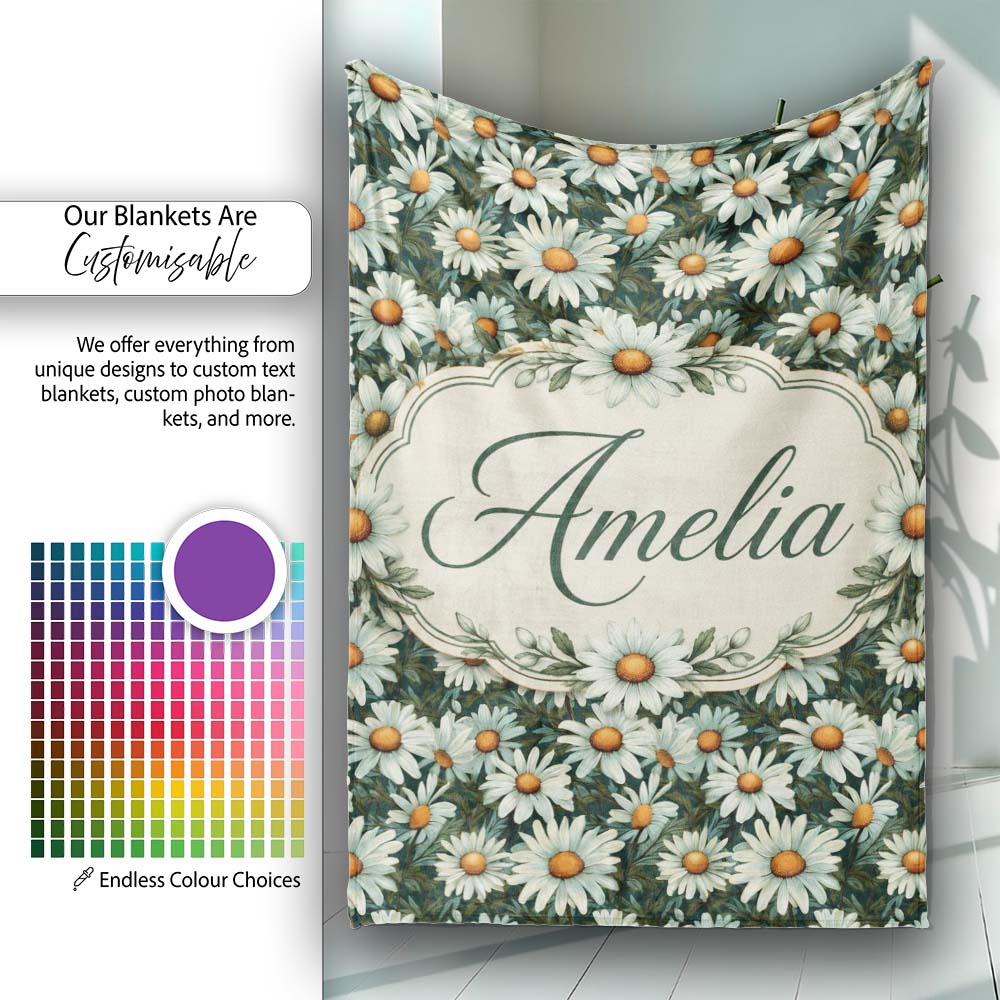 Vintage Daisy Floral Seamless Pattern with White Flowers and Green Personalised Custom Name Super Soft Fleece Blanket Bed Sofa Throw