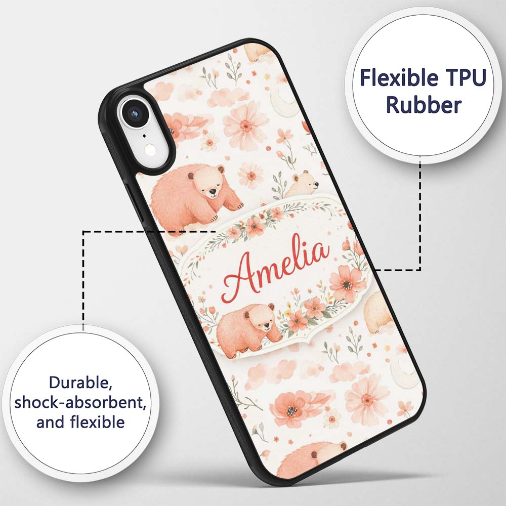 Cute Bear Floral Woodland Nursery Printed Design Custom Name Protective Phone Case Mobile Cover Durable Everyday Smartphone Shock Resistant