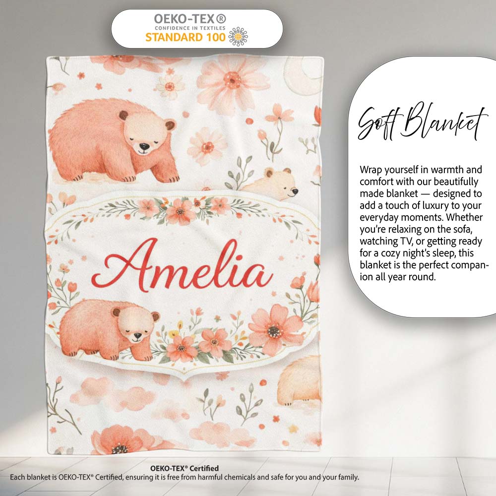 Cute Bear Floral Woodland Nursery Pattern Seamless Watercolour Personalised Custom Name Super Soft Fleece Blanket Bed Sofa Throw
