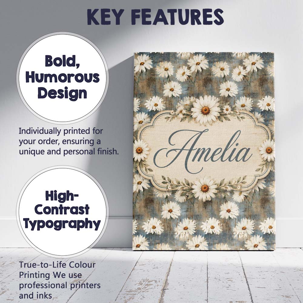 Personalised Name Soft Painterly Daisy Custom Modern Room Accent Elegant Feature Canvas Wall Art Print Decor Picture Ready to Hang